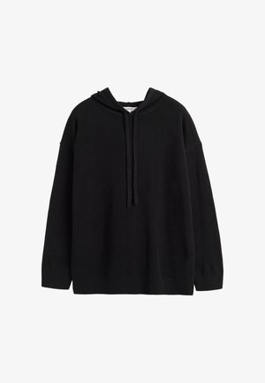 Schwarzer Hoodie aus weichem Stoff, mit einer Kordelzugkapuze, lockerer Passform und gerippten Bündchen sowie Saum für einen entspannten Look.