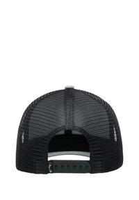 Black mesh baseball cap with snapback closure, featuring a round crown and textured design for breathability. Includes a gray button on top.
