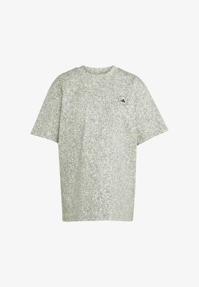 Light green textured T-shirt with a speckled pattern. Features a crew neckline and short sleeves. Small logo on the left chest area.