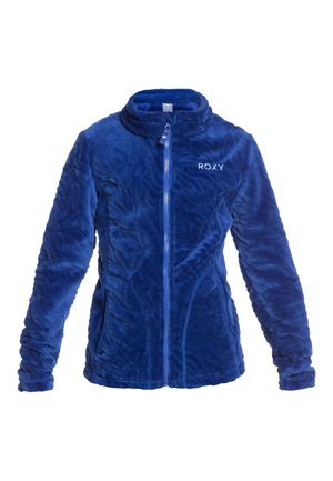 Blauwe fleece jas met een hoge kraag, volledige rits en twee zijvakken. Bevat een subtiel textuurpatroon en een geborduurd logo op de borst.