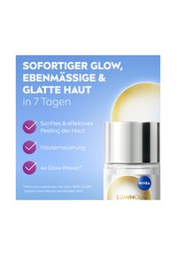 Luminous skin serum in a clear container with a silver pump top. Light yellow product, blue background features text and icons promoting skin benefits.