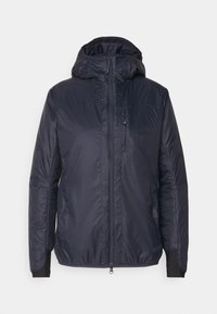 Mørkeblå isoleret jakke med hætte, frontlynlås og elastiske ærmer. Har en glat tekstur og minimalistisk design.