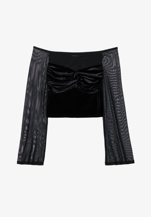 Fekete crop top, velúr felső résszel, mely gyűrt textúrájú, áttetsző hálós hosszú ujjaival kiegészítve. Simább és enyhén rugalmas anyag.