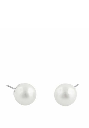 Round white pearl stud earrings with silver posts on a plain white background.