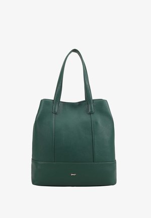 Donkergroene leren totebag met twee handvatten en een klein gouden logo detail aan de voorkant onderaan in het midden.