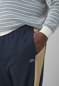 Calças de treino azul-marinho com um painel lateral bege e logótipo de crocodilo verde bordado. Punhos brancos canelados numa camisola clara com padrão em cima.