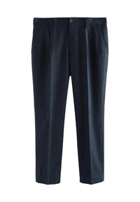 Tumši zili svītraini bikses, kas izgatavotas no viegla auduma, ar pogu aizdari, sānu kabatām un nedaudz sašaurinātu kāju dizainu.