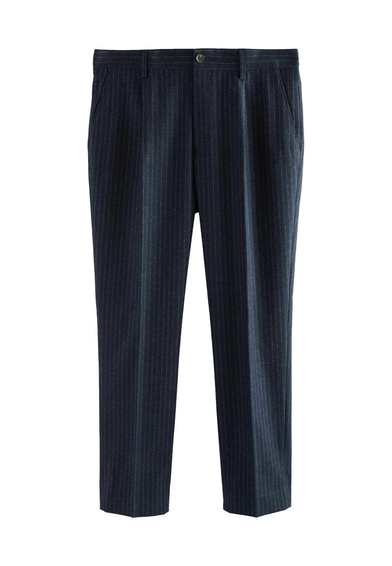 Tumši zili svītraini bikses, kas izgatavotas no viegla auduma, ar pogu aizdari, sānu kabatām un nedaudz sašaurinātu kāju dizainu.