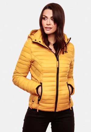 Yellow puffer jacket with a hood, featuring horizontal quilted texture, front zip closure, and black accents on zippers and pockets.