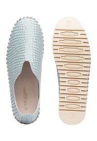 Light blue slip-on shoes with a textured, reptile-inspired upper. Flexible rubber sole features ridged patterns for traction. Size 39 indicated.