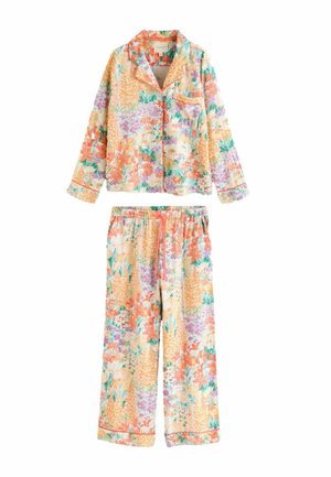 Langärmliges Pyjama-Oberteil mit Blumendruck, Knopfleiste und Brusttasche sowie passende, elastisch taillierte, weit geschnittene Hosen.