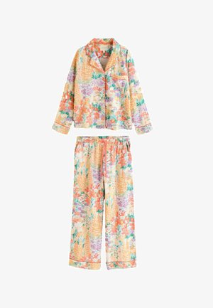 Langärmliges Pyjama-Oberteil mit Blumendruck, Knopfleiste und Brusttasche sowie passende, elastisch taillierte, weit geschnittene Hosen.