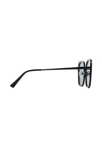 Black rectangular glasses with a thin frame. Clear lenses with adjustable nose pads and sleek, curved temple arms.