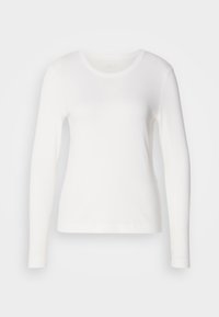Langärmliges, weißes T-Shirt mit Rundhalsausschnitt, gefertigt aus glattem Stoff. Es hat ein tailliertes Design ohne sichtbare Muster oder Verzierungen.