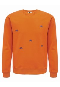Felpa arancione in cotone, con ricamo di piccole biciclette blu in un motivo sparso, colletto classico a girocollo e polsini a coste.