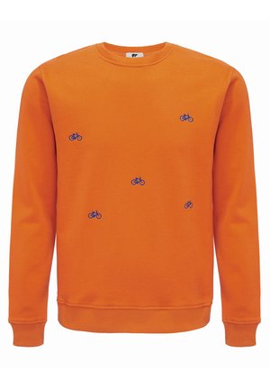 Pomarańczowa bluza z bawełny, ozdobiona niewielkim, niebieskim haftem w kształcie roweru w rozproszonym wzorze, klasyczny okrągły dekolt i ściągacze przy rękawach.