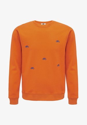Oranje sweatshirt van katoen, voorzien van kleine blauwe fiets borduursels in een verspreid patroon, klassieke ronde hals en geribde manchetten.