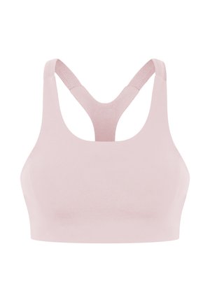 Hellrosa nahtloser Sport-BH mit Racerback-Design und breiten elastischen Trägern, der mittleren Halt und Komfort bietet.