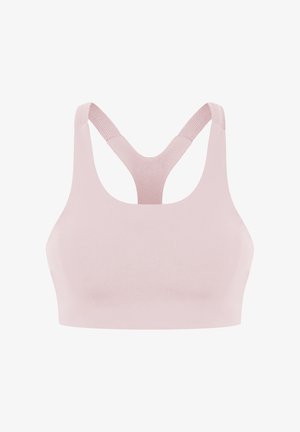 Hellrosa nahtloser Sport-BH mit Racerback-Design und breiten elastischen Trägern, der mittleren Halt und Komfort bietet.