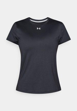 Black short-sleeve athletic shirt made of smooth synthetic material. Features a crew neck and small logo on the front center.