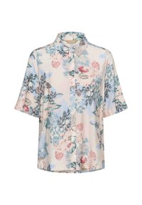 Chemise à manches courtes avec boutons, fond clair et imprimé floral dans des nuances de bleu, rouge, vert et noir.