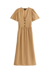 Robe couleur tan, longueur genou, avec un décolleté en V, des manches courtes bouffantes et une taille froncée. Comprend cinq boutons marron sur le devant. Texture lisse.