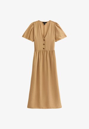 Tan, knee-length dress with a v-neck, short puff sleeves, and a gathered waist. Features five brown buttons down the front. Smooth texture.