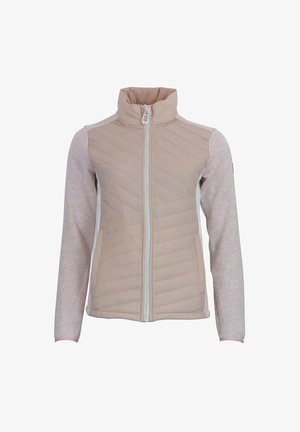 Veste matelassée rose clair avec un col haut, fermeture éclair sur le devant et manches contrastantes en tissu plus doux. Présente des détails matériels minimalistes.