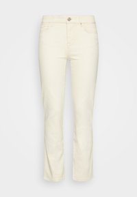 Jeans color crema hechos de denim, con corte recto, bolsillos frontales y un cierre de botón metálico único en la cintura.