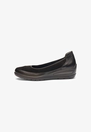 Black flat shoe with a rounded toe, made of suede and synthetic material. Features a slight wedge heel and textured outsole for grip.