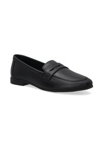 Zwarte leren slippers met een platte zool, voorzien van een decoratieve band over de bovenkant en een strakke, minimalistische uitstraling.