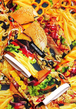 Multicolored blazer featuring a fast-food print, including burgers, fries, and pizza. Fabric is smooth with a glossy finish; includes yellow buttons.