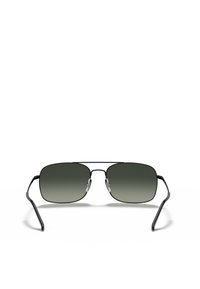 Occhiali da sole con montatura in metallo nero, lenti rettangolari con una sfumatura da scuro a chiaro, e aste sottili e curve.