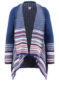 Blå, vit och röd öppen framstickad cardigan med blandade randiga och geometriska mönster, med långa ärmar och en draperad vattenfallskrage.