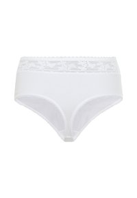 Weiße Baumwollunterhose mit einem Spitzenbund, der ein florales Muster aufweist. Glatte Textur mit gewellten Kanten und einem mittelhohen Schnitt.