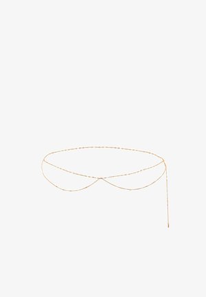 Gold chain belt with delicate links, featuring a layered design and a long drop chain for adjustment, set against a white background.