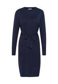 Robe tricotée bleu marine à manches longues, décolleté rond et ceinture à nouer à la taille. Texture lisse, silhouette ajustée et poignets côtelés.