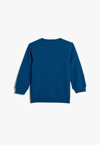 Niebieska bawełniana bluza z ribbingu na mankietach i dekolcie. Prosty design, gładka tekstura i długie rękawy. Brak widocznych wzorów lub akcentów.