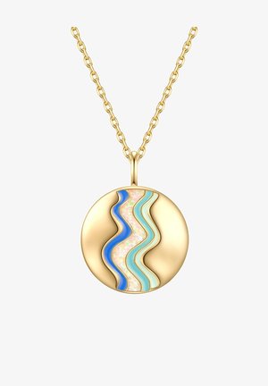 Gold pendant necklace featuring wavy designs in blue, green, and iridescent textures; hangs from a chain with interlocking links.