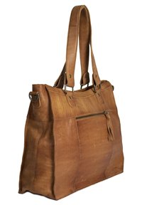 Bolso tote de cuero marrón con una forma estructurada, doble asa, bolsillo frontal con cremallera y sutiles detalles de textura. Presenta acentos de hardware metálico.