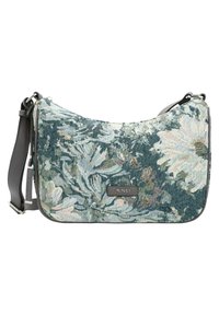 Sac à épaule en tapisserie florale dans des tons de bleu et de vert avec des accents en cuir gris et une bandoulière ajustable ; présente une surface texturée et tissée.