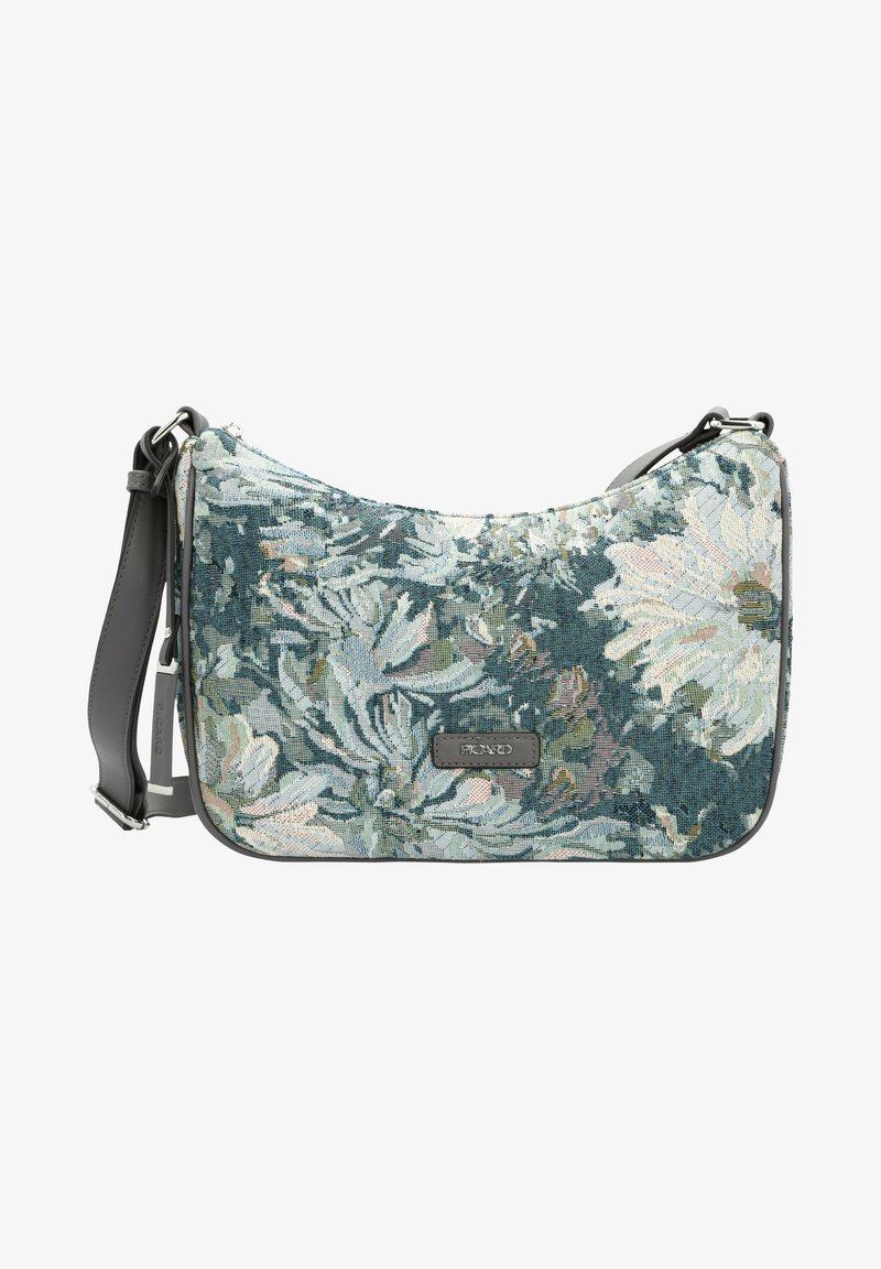Sac à épaule en tapisserie florale dans des tons de bleu et de vert avec des accents en cuir gris et une bandoulière ajustable ; présente une surface texturée et tissée.