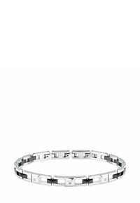 Bracciale a maglie argentate e nere con maglie rettangolari e quadrate, intervallato da piccole pietre preziose trasparenti, texture liscia, forma circolare.