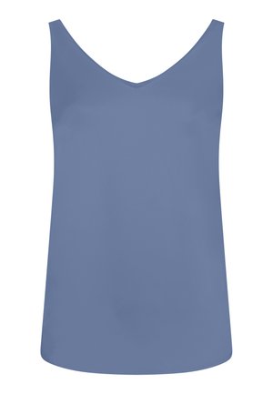 Ärmelloses hellblaues Damen-Top mit V-Ausschnitt und einfachem, glattem Stoffdesign.