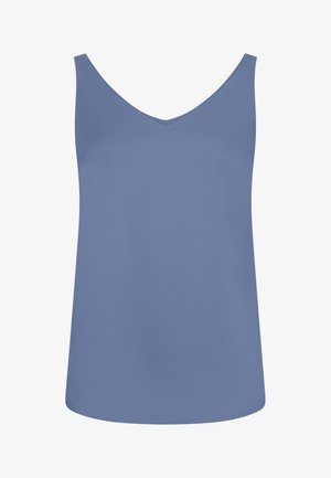 Mouwloze lichtblauwe damestanktop met een V-hals en een eenvoudig, glad stoffen ontwerp.