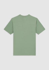 Zelené bavlněné tričko s krátkými rukávy a kulatým výstřihem, se vzadu hladkým povrchem a měkkou texturou. Bez log a dalších detailů.
