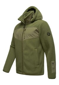 Fleecejacke in Olivgrün mit Reißverschluss vorne, Kapuze und kontrastierendem Design. Mit seitlichen Taschen und einem Logo auf dem Ärmel.