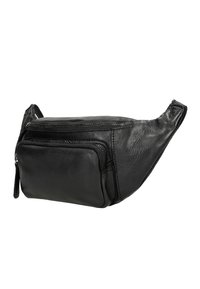Marsupio in pelle nera con un design slim, dotato di una tasca frontale con zip e una finitura texturizzata. Cinghia regolabile per un indossamento sicuro.