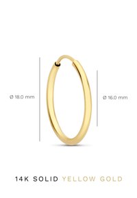 14K massief geelgouden creool, met een gladde, glanzende afwerking. Binnen diameter opties: 16,0 mm en 18,0 mm. Cirkelvormig ontwerp.