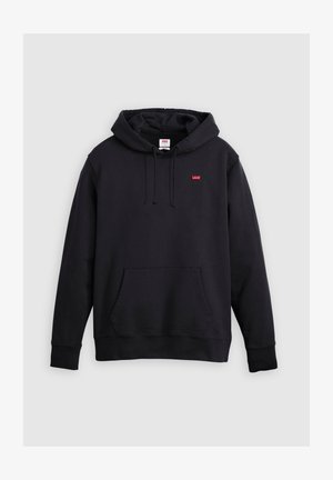 Felpa nera con cappuccio realizzata in morbido cotone misto, dotata di una tasca frontale, stringhe regolabili e un piccolo logo rosso sul petto.